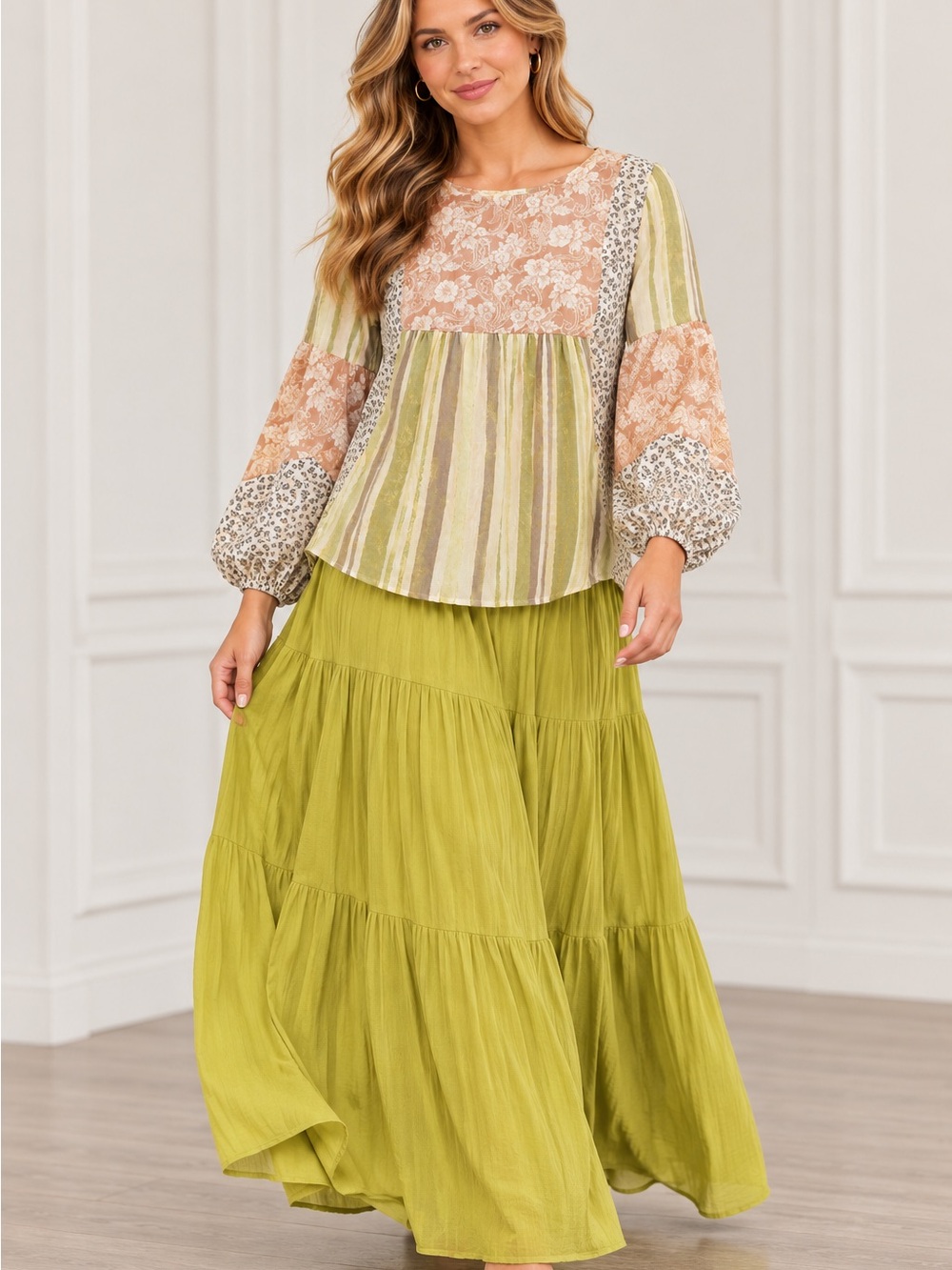 ODDY Olive Green Striped Patchwork Peasant Blouse